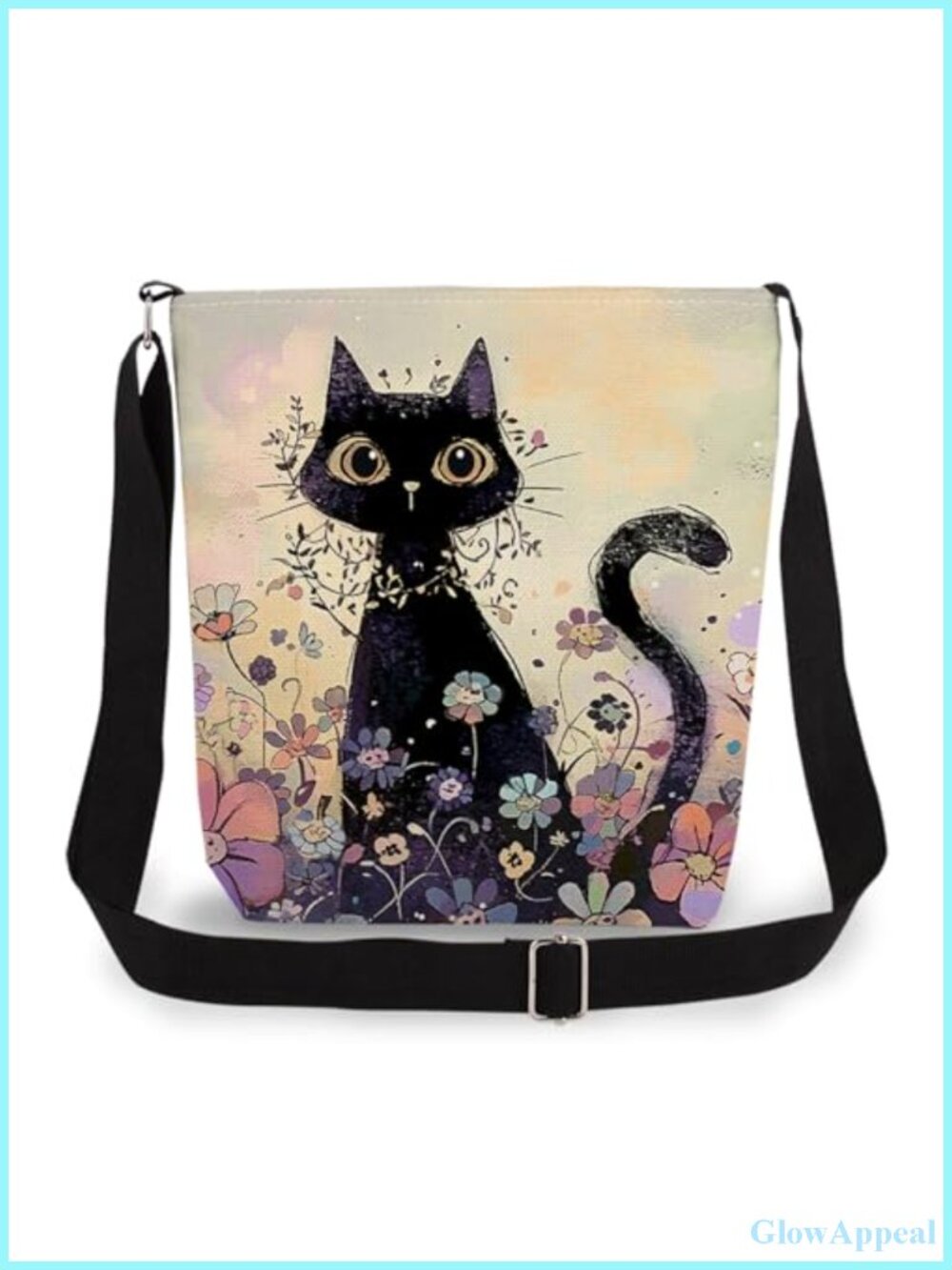Canvas Crossbody Bag Floral Cat Print Top Zip Adjustable Strap